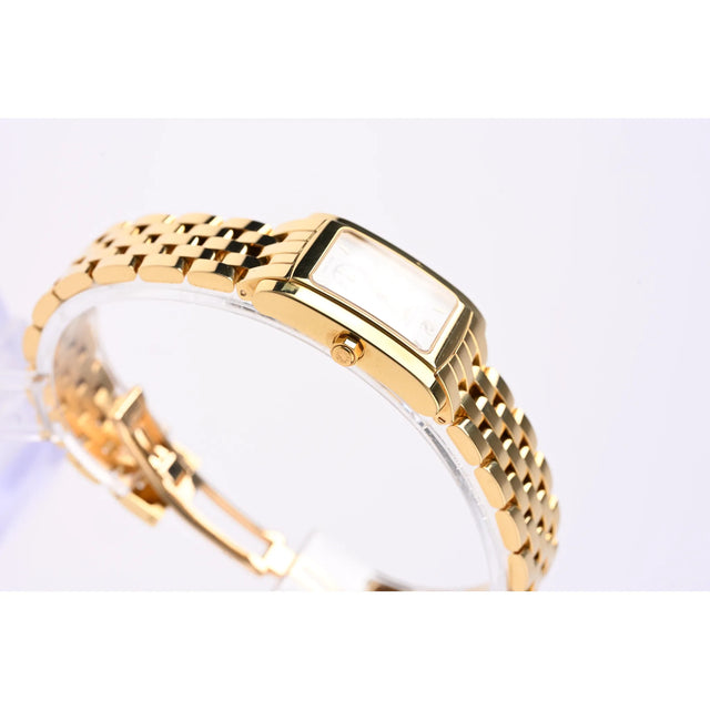 Longines DolceVita Mini 18K Gelbgold, Seitenansicht mit Gehaeuseprofil, Krone und Goldarmband
