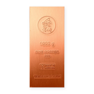 1 kg Kupferbarren Heimerle + Meule – Draufsicht mit Prägung 1000 g Fine Copper 999