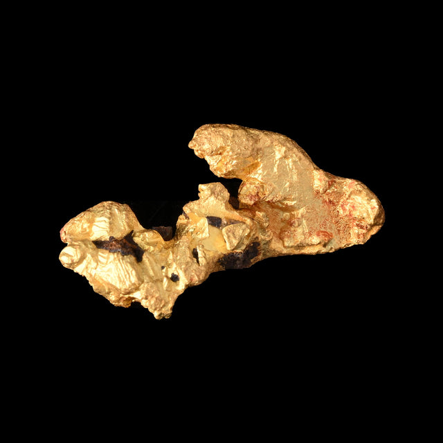 Goldnugget aus Leonora, Westaustralien, 0,77 g, Unikat Nr. 26-0171, freigestellt vor schwarzem Grund