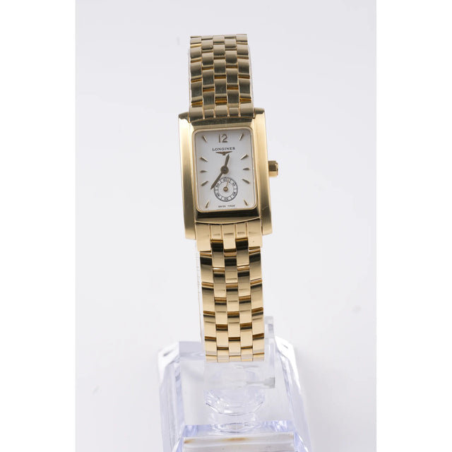 Longines DolceVita Mini 18K Gelbgold, Frontansicht der kompletten Uhr mit weissem Zifferblatt, kleiner Sekunde und Goldarmband