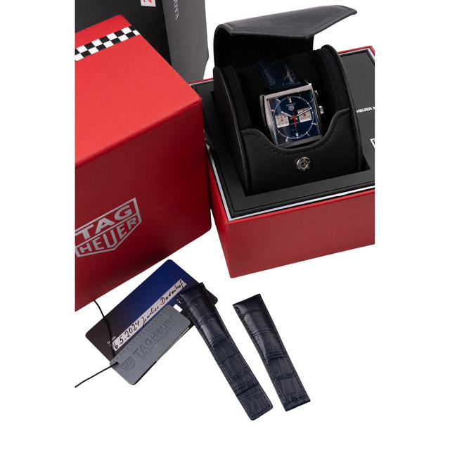 TAG Heuer Monaco CBL2111.FC6453 als Full Set mit Originalbox, Papieren und blauem Alligatorband